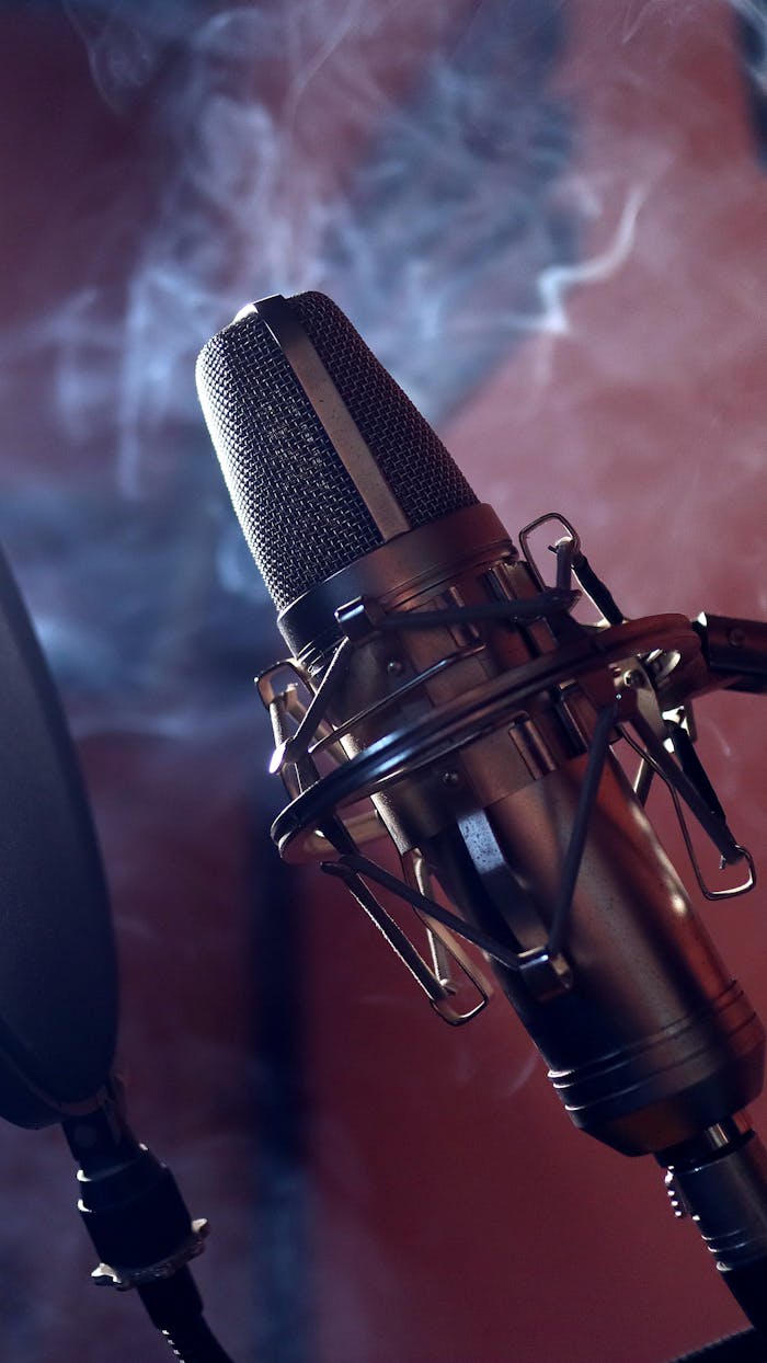 Close-up of a studio microphone with a dramatic smoke background, perfect for music production themes.